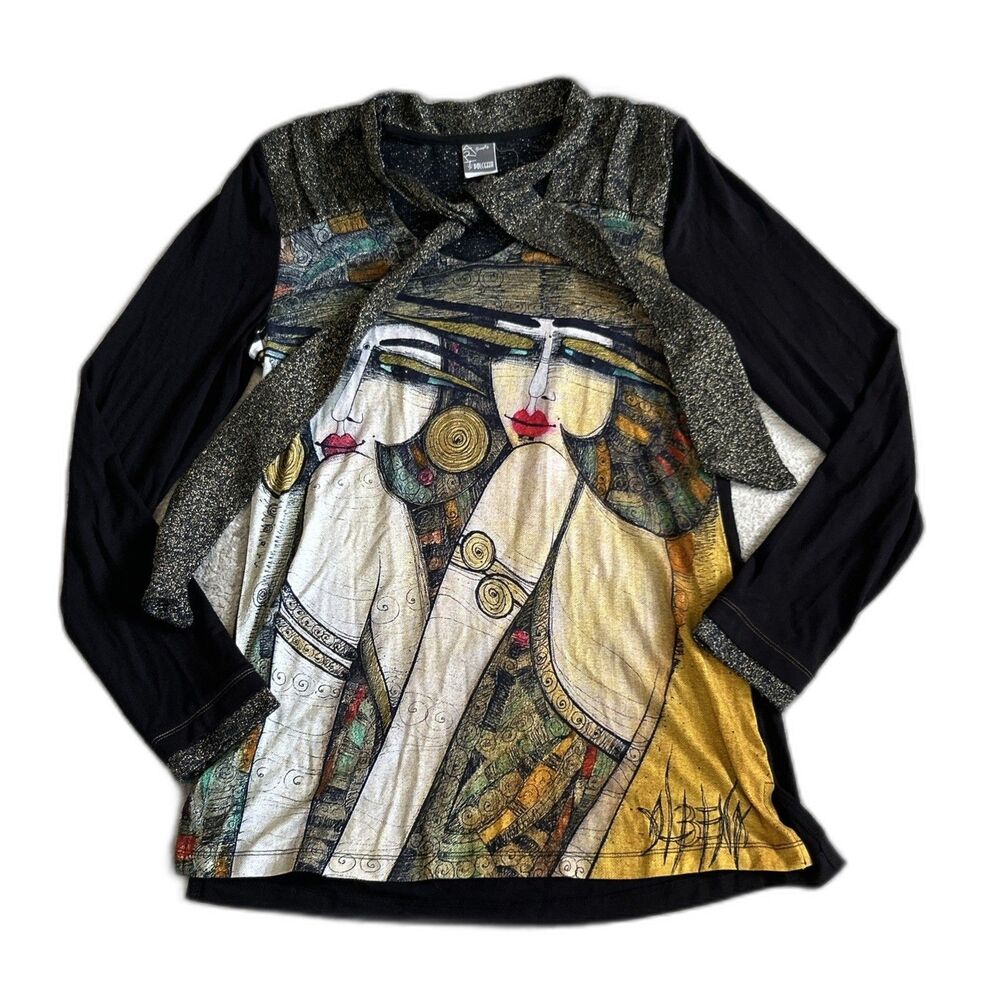 Simply Art by Dolcezza Top Small Womens Face Whimsy Fairy Artsy Neck Tie Shirt